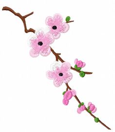 a branch with pink flowers on it and green leaves in the center is embroidered onto white fabric