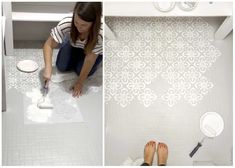 a woman is painting a bathroom floor with white paint and stencils on it