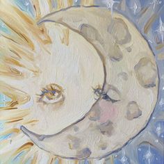 a painting of a crescent moon with the sun shining behind it