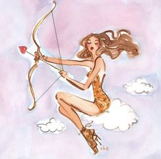 a drawing of a woman holding a bow and arrow in the air with clouds behind her