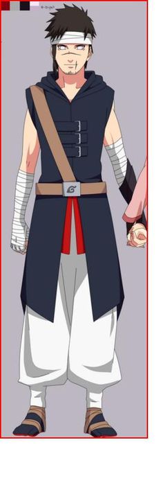 an anime character is wearing a black and white outfit with red accents on his chest