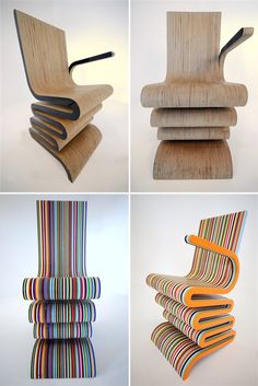 four different types of chairs made out of plywood and wood, each with an unique design