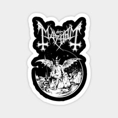 a black and white sticker with an image of a demon on it