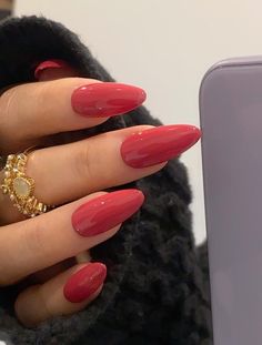 ♥ #short #nails #ideas Thanksgiving Red Nails, Glittery Red Nails Acrylic, Red Basic Nails, Light Red Nails Acrylic, Pastel Red Nails, Soft Red Nails, Nail Inspo Plain, Different Shades Of Red Nails, Reddish Pink Nails