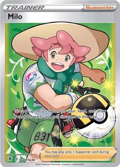 the pokemon card features an image of a woman with pink hair and a hat on her head