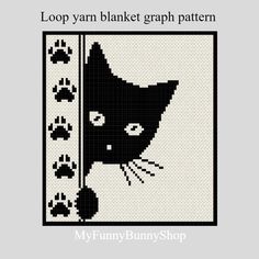 a cross stitch pattern with a black cat and paw prints