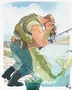 a man and woman kissing while fishing