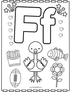 the letter f is for f coloring page with an image of a bird and fish