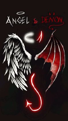 an angel and demon tattoo design on a black background with the words angel and demon