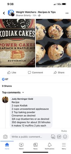 the facebook page for kodia cakes is shown with an image of blueberry muffins