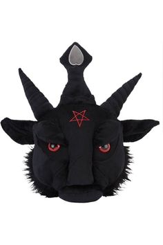 a black mask with red eyes and horns