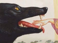 a painting of a black dog with its mouth open and tongue hanging out to another dog's teeth