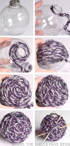 the steps to make a yarn ball ornament in purple and white, with text overlay