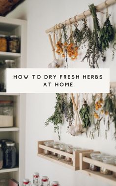 herbs hanging on the wall with text overlay how to dry fresh herbs at home