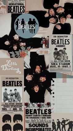 the beatles concert poster is shown in black and white, as well as other posters