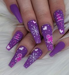 Glitter Christmas Nails Acrylic, Pink And Purple Winter Nails, Dark Purple Christmas Nails, Purple Sweater Nails, Pink And Purple Christmas Nails, Purple Snowflake Nails, Purple Christmas Nails Acrylic