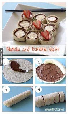 how to make nutella and banana sushi rolls with chocolate frosting on top