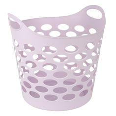 a white plastic basket with holes on the side and handles in front of a white background