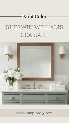 a bathroom vanity with white flowers on it and the words paint color shewn williams sea salt