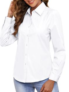 PRICES MAY VARY. 【Soft and Comfy】 long sleeve shirts are made of 40% Cotton, 60% Polyester with friendly soft touch and flowy glossy drape, stretch, anti-see-through, skin-friendly, Soft. 【Unique fabric】Our fabric is moderately thick which has the dual functions of Hygroscopic and breathability. 【Adjustable Long Sleeve】shirt retains the formal feel of an office shirt's buttons and the extra buttons at the wrist allow you to roll up your sleeves and keep your shirt clean at brunch. 【Dignified nec Best White Button Down Shirt For Women, Elegant Blouses For Women Classy, Office Blouses For Women, Best White Shirt, Comfy Long Sleeve Shirts, Business Casual Blouse, White Shirts Women, White Long Sleeve Blouse, Women's Button Down Shirt