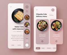 three mobile screens showing different food items on the screen and in the background, there is an app for ordering