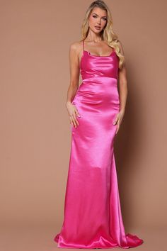 Available In Hot Pink And Champagne. Satin Maxi Dress Cowl Neck Adjustable Spaghetti Straps Lace Up Hidden Side Zipper Lined Non Stretch Self: 100% Polyester Imported | Angelique Satin Maxi Dress in Hot Pink size Large by Fashion Nova Hot Pink Silk Dress, Hot Pink Satin Dress, Pink And Champagne, Hot Pink Fashion, Bright Pink Dresses, Satin Evening Gown, Pink Satin Dress, Pink Silk Dress, Prom Dress Inspiration