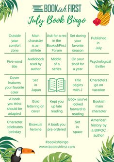 the bookish july book bingo game with toucan, pineapples and leaves