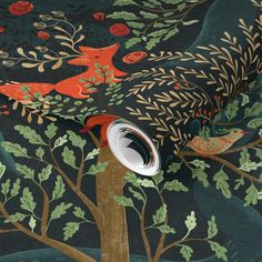 an image of a forest scene with foxes and trees on black background wallpaper mural