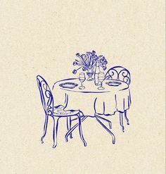 a drawing of a table and chairs with flowers in vases