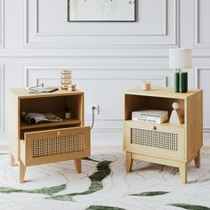 two wooden nightstands sitting next to each other on top of a carpeted floor