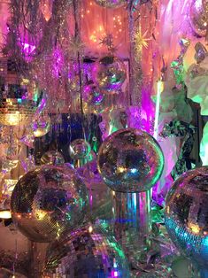 disco balls and other decorations are on display