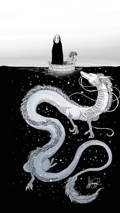 a white dragon floating on top of water next to a person in a black boat