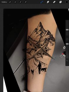 a person with a tattoo on their arm and the image of a mountain is shown in the background