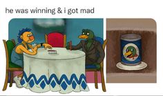 two cartoon characters sitting at a table in front of a trash can and one has a bird on it's head