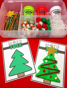 a plastic container filled with christmas tree and other items to make an ornament