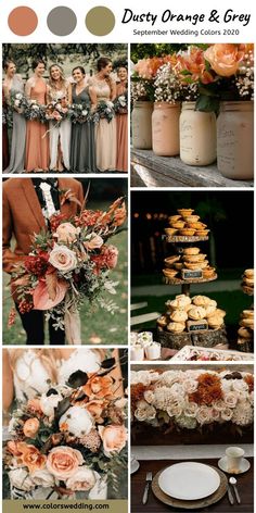 an orange and gray wedding color scheme with flowers, cookies, desserts and other items