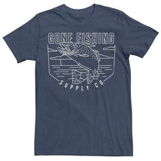 a black t - shirt with a fish on it that says gone fishing supply co