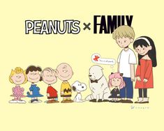 the peanuts family is standing in front of each other with their dog, cat and puppy