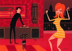 a man and woman dancing in a living room with a cat on the floor next to them