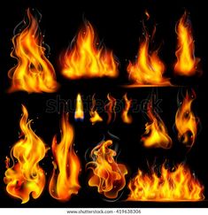 a set of fire flames with different shapes and colors on a black background stock photo