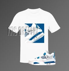 a white shirt with blue accents and a pair of sneakers on the front, against a gray background