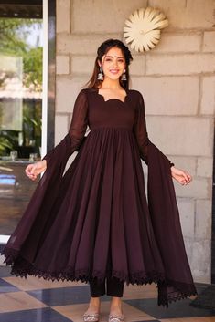 "3XL Available PRODUCT CODE : W-21 Fabrics : Georgette Inner : Micro Pant : Tafetta Silk Garment Length : 55\"- 56\" Inch Stitching Type : Full Stitched Work : Lace Work Style : Gown Occasion : Wedding, Festival, Reception, Ceremonial Display Color : BROWN" Frock Designs For Women, डिजाइनर कपड़े, Simple Frock Design, Long Frock Designs, Long Gown Design, Simple Frocks, Party Wear Gown, Simple Gowns, Designer Anarkali