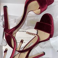 Jimmy Choo Red Velvet Heels In Size 9.5 They Fit True To Size But Would Fit A Size 9 Foot As Well. Super Sexy And Brand New. Never Worn Jimmy Choo, Prom Aesthetic, Red Velvet Heels, Jimmy Choo Heels, Velvet Heels, Red Heels, 2000s Fashion, Fancy Outfits, Shoes Women Heels