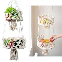 two hanging baskets with fruits and vegetables in them, one is filled with fruit and the other has bananas