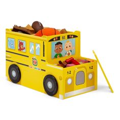 a yellow toy bus with children's pictures on it