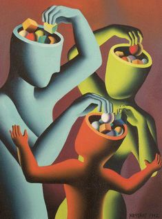 a painting of two people with different colored objects in their hands and one holding a cup