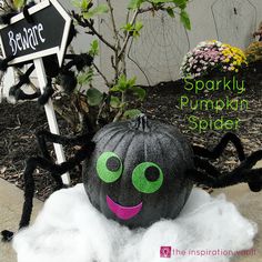 a black pumpkin with green eyes sitting in front of a sign that says spooky pumpkin spider