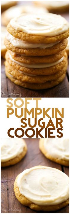 soft pumpkin sugar cookies are stacked on top of each other with the words, soft pumpkin sugar cookies