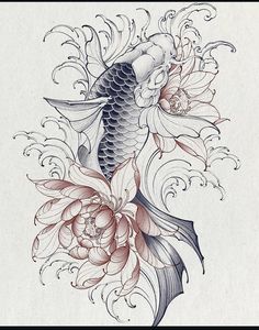 a drawing of a koi fish with flowers on it's back and side