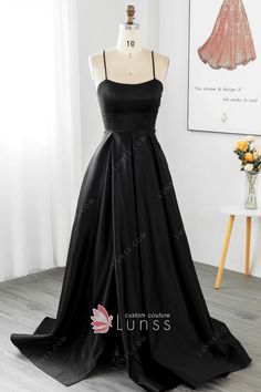 sleek black satin a line high slit long evening dress 8th Grade Formal Dresses For Teens Long Black, Year 6 Graduation Dresses Long, Black Sleek Wedding Dress, Black Brides Mades Dresses, Grade 7 Farewell Dresses Long, Silk Prom Dress Black, Black Grad Dresses, Black Prom Dress Inspiration, Black Winter Formal Dresses